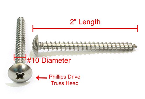 Bolt Dropper #10 x 2 inch Stainless Truss Head Phillips Wood Screw (Set of 100), 18-8 (304) Stainless Steel Screws, ssd Screws - size: #10 x 2"