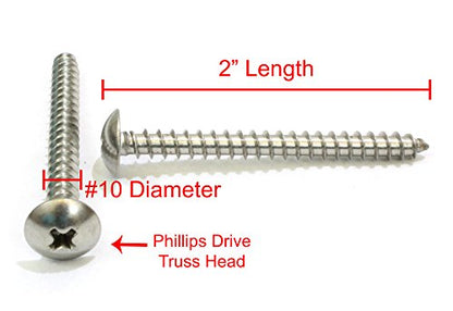 Bolt Dropper #10 x 2 inch Stainless Truss Head Phillips Wood Screw (Set of 100), 18-8 (304) Stainless Steel Screws, ssd Screws - size: #10 x 2"