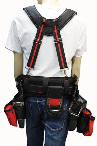 28-Pocket Tool Belt with Suspenders & Phone Holder – Heavy Duty Framer’s Rig Tool Apron for Electricians, Carpenters, Technicians – Adjustable Work Belt with Magnetic Tool Holder – Black/Red