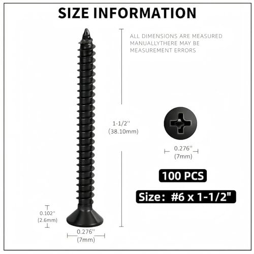 #6 x1-1/2 [100 Pack] Flat Head Phillips Drive Self Tapping Screws, Sheet Metal Screws, Black Oxide, 304 Stainless Steel (18-8), Corrosion Resistant Screw for Wood, Sheet Metal and More - size: #6 x1-1/2