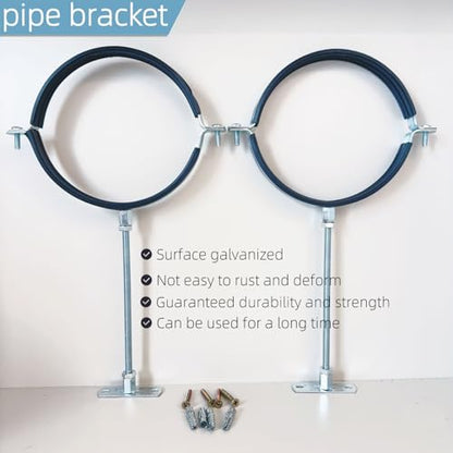 2 Sets Premium 6 Inch Adjustable Pipe Metal Bracket，Heavy Duty Galvanized Iron Stove Pipe Hanger Strap，Wall Support Chimney Round Split Ring Dryer Vent Hose Duct PVC Holder，with All Mounting Screws