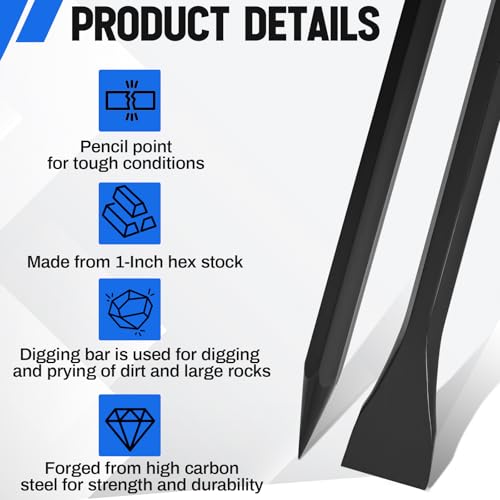 72" (6ft) Chisel Digging Bar 17Lb (7.8kg) Pencil Point Wrecking Pry Road Bar Post Hole Diggers for Digging Prying of Dirt and Large Rocks - color: Black, size: 72 Inch, style: Pencil Point