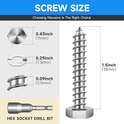 (20-Set) 1/4 x 1-1/2" Lag Screws for Wood, Stainless Steel Heavy Duty Hex Head Lag Bolts, ASME B18.2.1 Commercial/Industrial Grade Mounting Screws Bolts Kit by Marysino - color: Silver, size: 1/4 x 1-1/2"