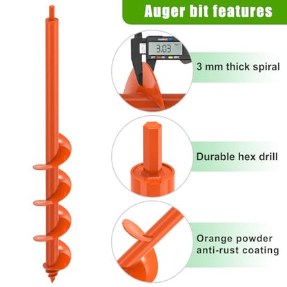 Insaga Auger Drill Bit for Planting 3 x 24'', Threaded Garden Auger Post Hole Digger, Spiral Drill Earth Dirt Augers for Bulb, Vegetables, Fence Posts and Umbrella Holes, Fits in 3/8” Drill Chuck - size: 3x24''