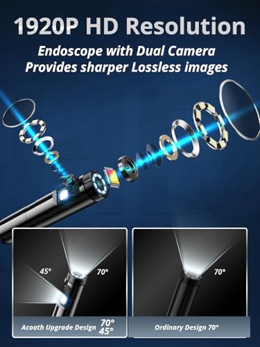 Acoath Endoscope Camera with Light, Dual-Lens 1920P HD Borescope with 8 Adjustable LED Lights, IP67 Waterproof Boroscope Inspection Tools, 33ft Semi-Rigid Snake Camera for iOS & Android - size: 33FT Snake Camera