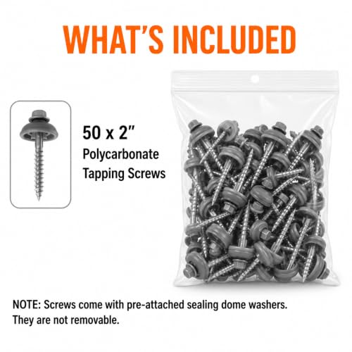 Polycarbonate Tapping Screws for Wood – 2" Outdoor Screws with Expansion Cutters & Sealing Dome Washers – Waterproof, Anti-Corrosion – Fencing & Exterior Projects 50 Pack