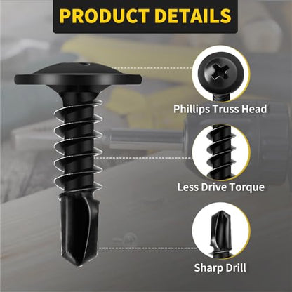 Sheet Metal Screws #8 x 5/8", 140pcs FIXLINK Phillips Modified Truss Head Self Tapping Screws for Metal, Self Drilling Screws, Black - color: Black, size: #8 x 5/8"
