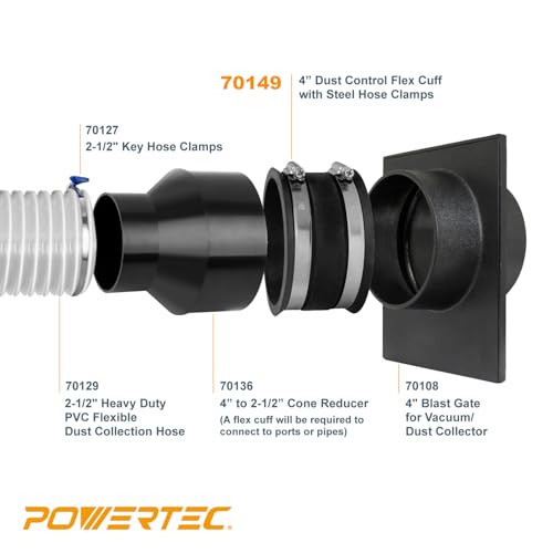 POWERTEC 70149-P4 4 Inch Dust Control Flex Cuff with Steel Hose Clamps, Hose Connector Rubber Cuff Coupler for Woodworking Dust Collection Fittings, Dust Collector Accessories & Machinery, 4 pack - size: 4", 4PK
