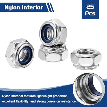 25Pcs M10-1.5 Nylon Locking Hex Nuts 304 StainlessSteel Silver - color: Silver, size: M10x1.5mm