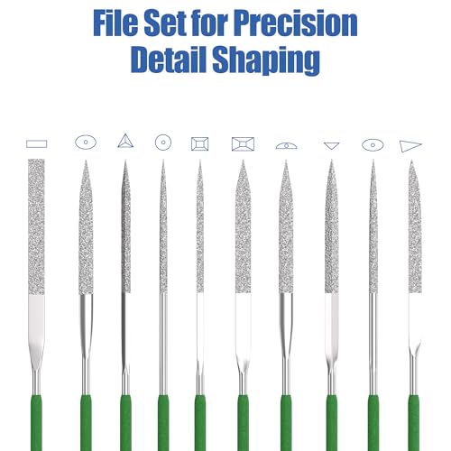 HUHAO 10-Piece Mini Diamond Needle File Set 3x140mm Small Metal Riffler Files Jewelers File Precision Hand Tools for Metal Glass Wood Stone Jewelry - Round Triangular Square Flat Shape - color: Silver, size: 3*140