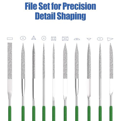 HUHAO 10-Piece Mini Diamond Needle File Set 3x140mm Small Metal Riffler Files Jewelers File Precision Hand Tools for Metal Glass Wood Stone Jewelry - Round Triangular Square Flat Shape - color: Silver, size: 3*140