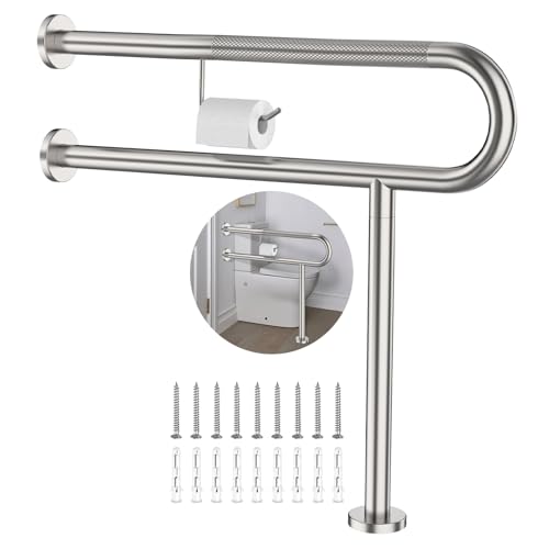 ZUEXT 31.5x28 Inch Brushed Nickel Knurled Toilet Grab Bar with Paper Holder - color: Brushed Nickel, size: 31.5 Inch