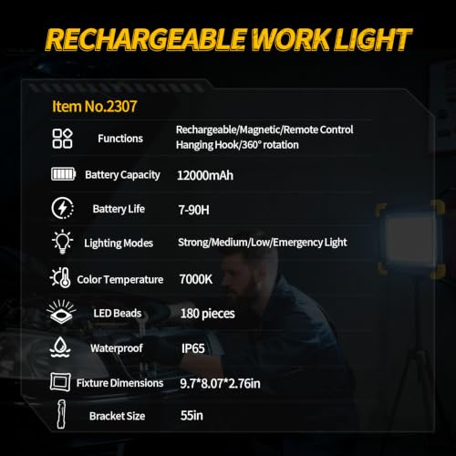 12000mAh Rechargeable LED Work Light with Stand,Magnetic Base & Remote - size: work light+Tripod