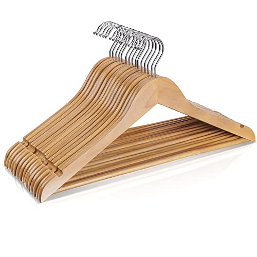 Wooden Hangers 10 Pack,Heavy Duty Wood Coat Hangers,with 360-degree Hook，Smooth Finish Wooden Clothes Hangers with Non Slip Pants Bar, Sturdy Clothes Hangers for Shirts,Suit,Natural - color: Natural