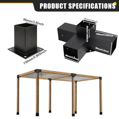 4x4 Woodworks Pergola Brackets Kit, 4-Way Corner Extension Brackets, Black Powder Coated, 4x4 Metal Brackets for Wood Beams, Fence and Carport (Actual: 3.5""x3.5""), TK00062-3T2P - size: 4PCS 4-Way 4*4 SET
