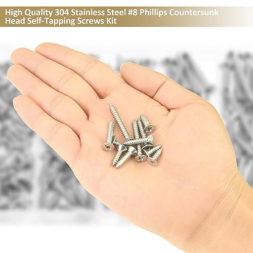 142 Pieces #8 x 1/2" 5/8" 3/4" 1" 1-1/4" Phillips Countersunk Head Self-Tapping Screws, Wood Screws Assortment Kit, 304 Stainless Steel - size: #8