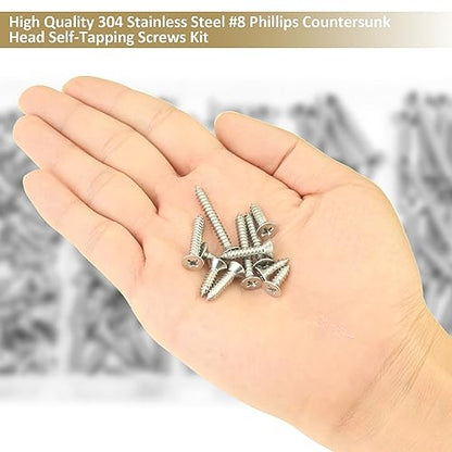 142 Pieces #8 x 1/2" 5/8" 3/4" 1" 1-1/4" Phillips Countersunk Head Self-Tapping Screws, Wood Screws Assortment Kit, 304 Stainless Steel - size: #8