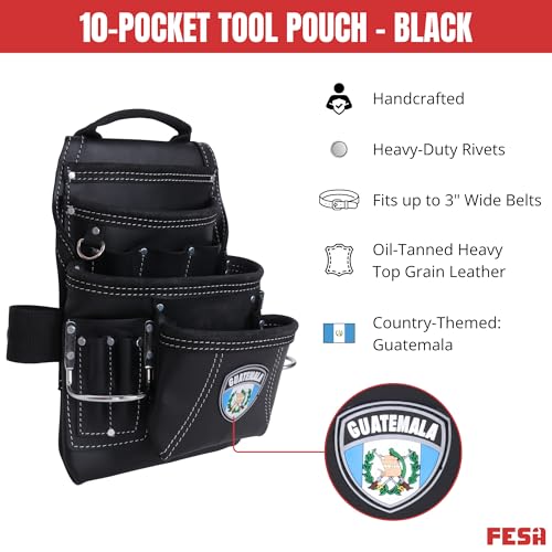 FESA Leather Carpenter Tool Pouch - 10-Pocket Heavy Top Grain Leather Carpenter Pouch with 2 Hammer Loops, Large & Small Pockets - Fits Work Belts up to 3" - Handcrafted - Country-Themed - color: Black - Guatemala