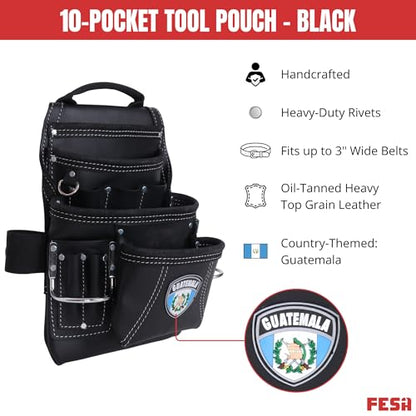 FESA Leather Carpenter Tool Pouch - 10-Pocket Heavy Top Grain Leather Carpenter Pouch with 2 Hammer Loops, Large & Small Pockets - Fits Work Belts up to 3" - Handcrafted - Country-Themed - color: Black - Guatemala