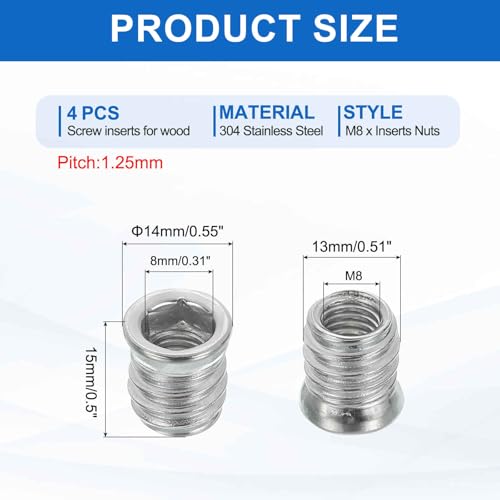 MECCANIXITY 4Pcs Threaded Inserts Nuts, M8x15mm Hex Socket Drive Nut Inserts for Wood - 304 Stainless Steel Screws Furniture Screw in Nuts Bolt Fastener Connector Wood - size: M8x15mm