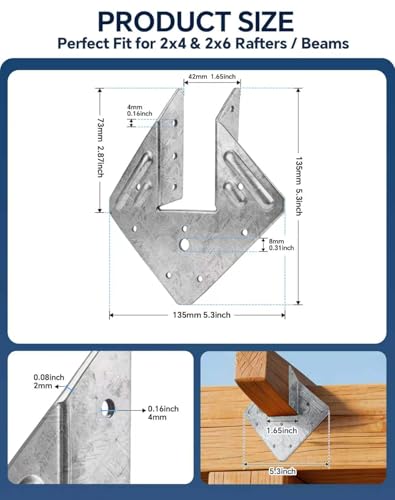 45 Pack Hurricane Ties for Rafters, 14 Gauge Hot Dip Galvanized Hurricane Straps, Joist Hangers Fit 2x4 2x6, Rafter Tie Brackets for Roof Trusses, Hurricane Clips for Roofing Wood Timber Connectors - style: 14Gauge