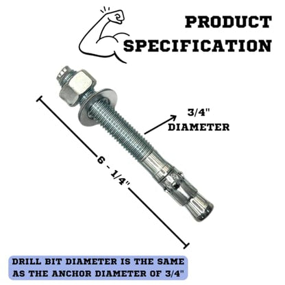 MIGHTY FASTENERS Zinc-Plated Steel Wedge Anchors, 3/4" X 6-1/4" - Heavy-Duty Mounting Bolts for Concrete - 25 Pack - size: 3/4" X 6-1/4"