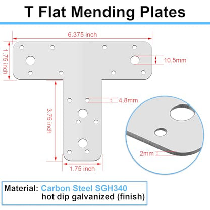 Shimeyao 12 Pcs T Post Bracket Flat Tee Mending Plate Silver Strong T Repair Straps Multiple Holes Bracket for Wood, Furniture, Timber Connector, Truss Framing Thickness 3/32" Silver, Galvanized Steel