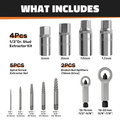 11PCS Bolt Extractor Set, Heavy Duty Screw & Stud Remover Kit - size: 11PCS