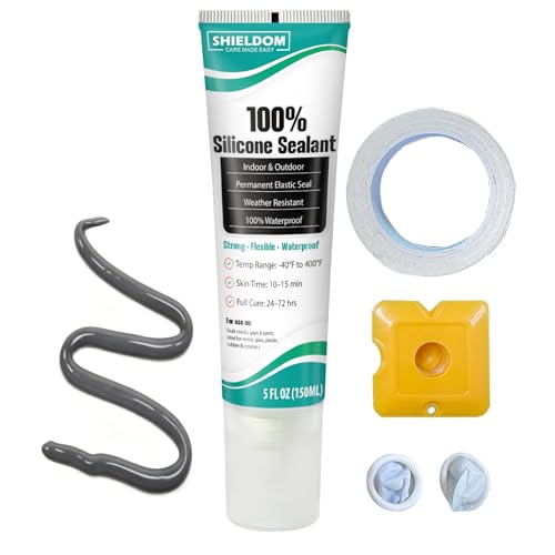 SHIELDOM Silicone Sealant Adhesive Silicone Caulk with Finishing Tool 100% Waterproof Seal Shrink & Crack Proof, Flexible, Strong Adhesion for Automotive, Bathroom, Kitchen, Windows 150ML/5Oz (Grey) - color: Grey
