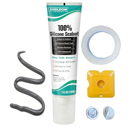 SHIELDOM Silicone Sealant Adhesive Silicone Caulk with Finishing Tool 100% Waterproof Seal Shrink & Crack Proof, Flexible, Strong Adhesion for Automotive, Bathroom, Kitchen, Windows 150ML/5Oz (Grey) - color: Grey