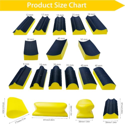 16 PCS Contoured Profile Sanding Block Set - Hook and Loop Foam Material Hand Sander Block- Interchangeable Assorted Convex & Concave Shapes for Sander Wood Woodworking Furniture, Auto Paint