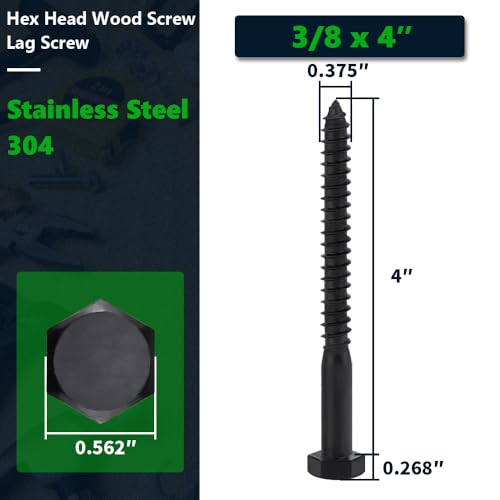 8-Sets 3/8 x 4 Black Hex Head Lag Screws & Flat Washers, Heavy Duty Wood Lag Screws, 304 Stainless Steel (18-8), 3/8" Bolt - size: 3/8 x 4