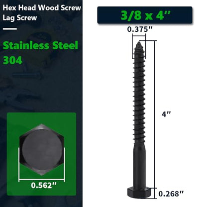 8-Sets 3/8 x 4 Black Hex Head Lag Screws & Flat Washers, Heavy Duty Wood Lag Screws, 304 Stainless Steel (18-8), 3/8" Bolt - size: 3/8 x 4