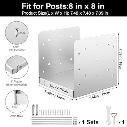 8"x8" Adjustable Post Base, 1Pcs Stainless Steel Post Anchor Bracket - size: 8x8