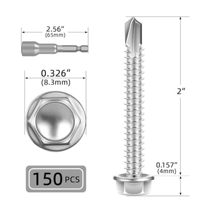 #8 x 2 (150 PCS) Sheet Metal Screws, Hex Washer Head Self Drilling Screw, 410 Stainless Steel Flanged Fast Self Tapping Screws - size: #8 x 2"