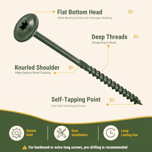 #17 x 14 Inch Structural Wood Screws, 5/16 Heavy Duty Timber Screws, Rust-Resistant Exterior Lag Bolts for Wood, Torx Construction Screws, Green Coated Lag Screws for Deck Framing, Lumber - 25 PCS - size: #17 x 14"