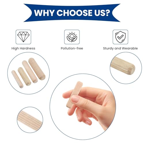 200 Pcs Wooden Dowel Pins Assorted Sizes, 1/4" 3/8" 5/16"