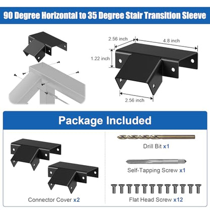 CKE Flat Handrail Accessories, 2 Pack Aluminum Deck to Stair Handrail Connector, 90 Degree Horizontal to Stair Transition Sleeve, Black Cable Railing Post Handrail Connector for Flat Top Rail HF08 - size: 90 Degree Horizontal to Stair Transition Sleeve