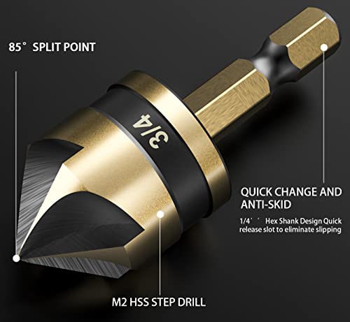 Countersink Drill Bit Set for Metal 5 Pieces - M2 Cobalt Countersunk Bits,5 Flute 82 Degree,1/4" Hex Shank Countersunk Bit Set 1/4'' 3/8'' 1/2'' 5/8'' 3/4'' for Drilling Copper, Aluminum, and Wood. - color: Gold