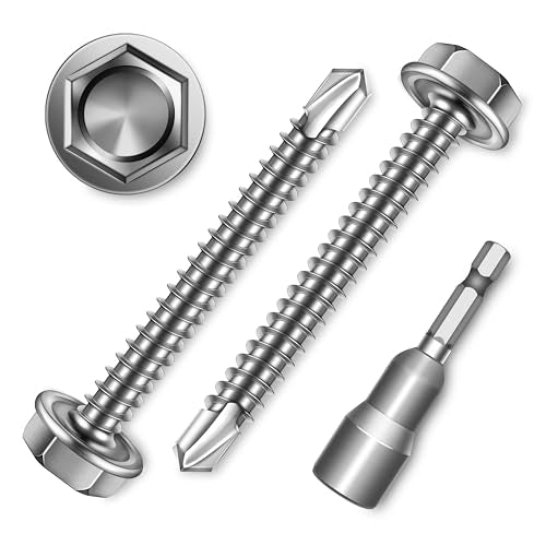 100Pcs #8 x 1-1/2" Sheet Metal Screws, 410 Stainless Steel Self Drilling Hex Washer Head Self Tapping Screws for Metal with Drill Bit - color: Silver, size: #8 x 1-1/2"