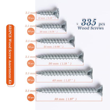 335PCS Wood Screw Assortment Kit Silver Drywall Screws Flat Head Phillips Drive Screws Set Zinc Plated Coarse Thread Ideal for Furniture, DIY & Home Repair - size: 335pcs Wood Screw Assortment Kit