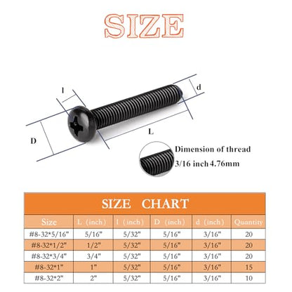 85 Pcs 5 Sizes Black #8-32 Machine Screws Knob Screws Cabinet Screw Electricians Bolts, Carbon Steel Zinc-Plated Phillips Pan Head Machine Screw Assortment Kit - size: Black #8-32-5Size-85P