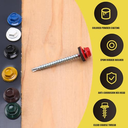JEGONFRI 200PCS #10 x 2 Yellow Hex Head Self-Drilling Metal Roofing Screws - color: Yellow, size: 2 in