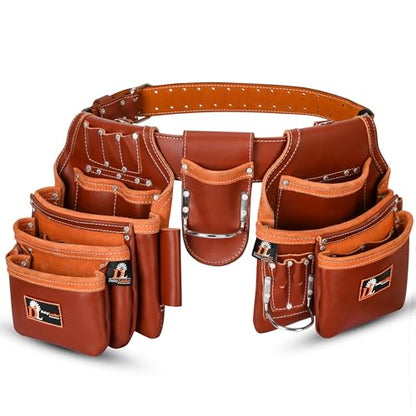 Daisy Leather Tool Belt Pro-202, 28 Pockets, Top Grain Leather, 2.5-inch Padded Belt, Fits 30-52 inch Waist, X-Large (Cherry, X-Large) - color: Cherry