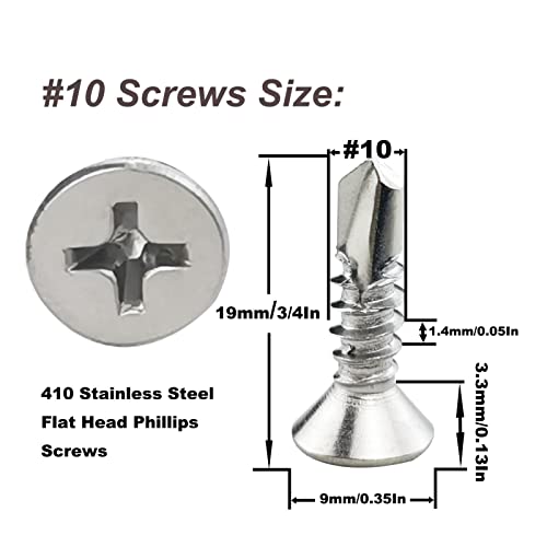 120PCS #10 x 3/4" Stainless Steel Self Drilling Screws,410 Stainless Steel Flat Head Screws Phillips Head Self-Tapping Screws High-Strength Fast Sheet Metal Screws (1/2" to 1-1/4" Available) - size: 120PCS #10 x 3/4"