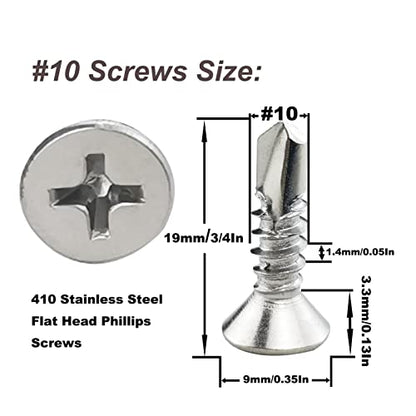 120PCS #10 x 3/4" Stainless Steel Self Drilling Screws,410 Stainless Steel Flat Head Screws Phillips Head Self-Tapping Screws High-Strength Fast Sheet Metal Screws (1/2" to 1-1/4" Available) - size: 120PCS #10 x 3/4"
