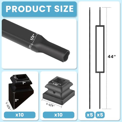 1/2 Inch Wrought Iron Rectangular Balusters - Hollow Iron Square Plain Bar Stair Balusters - Metal Spindles for Indoor Staircase with Baluster Shoes, Satin Black (10 Pack) - size: Rectangular+Plain Bar 10 Pack