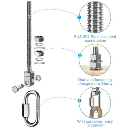Dolibest Heavy Duty Swing Hanger, 304 Stainless Steel Swing Bolts w/Quick-Connect Carabiner, Swing Hook w/Dual-Screw Locking for Hammock, Yoga Swing, Porch Swing for Wood/Metal Beam-(M10X7'')-1500LB - color: M10X7''-4PCS