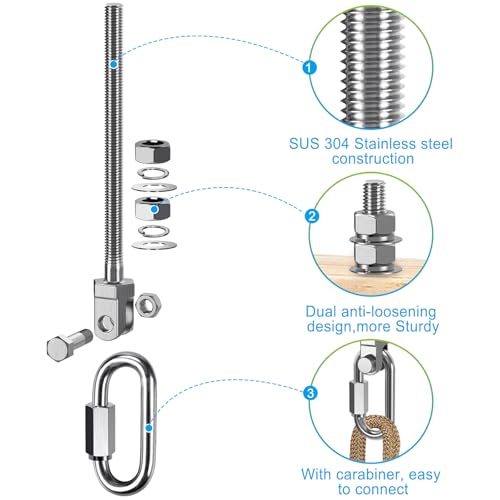 Dolibest Heavy Duty Swing Hanger, 304 Stainless Steel Swing Bolts w/Quick-Connect Carabiner, Swing Hook w/Dual-Screw Locking for Hammock, Yoga Swing, Porch Swing for Wood/Metal Beam-(M10X7'')-1500LB - color: M10X7''-6PCS
