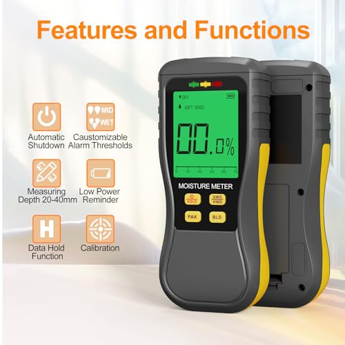 Pinless Moisture Meter, Digital Wood Moisture Tester, Non-Destructive Induction Moisture Detector for Drywall, Lumber, Building Materials, Easy Read and Three Color Indicate